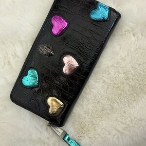 Kurt Geiger Black Patent Wallet with Multicolor Metallic Hearts